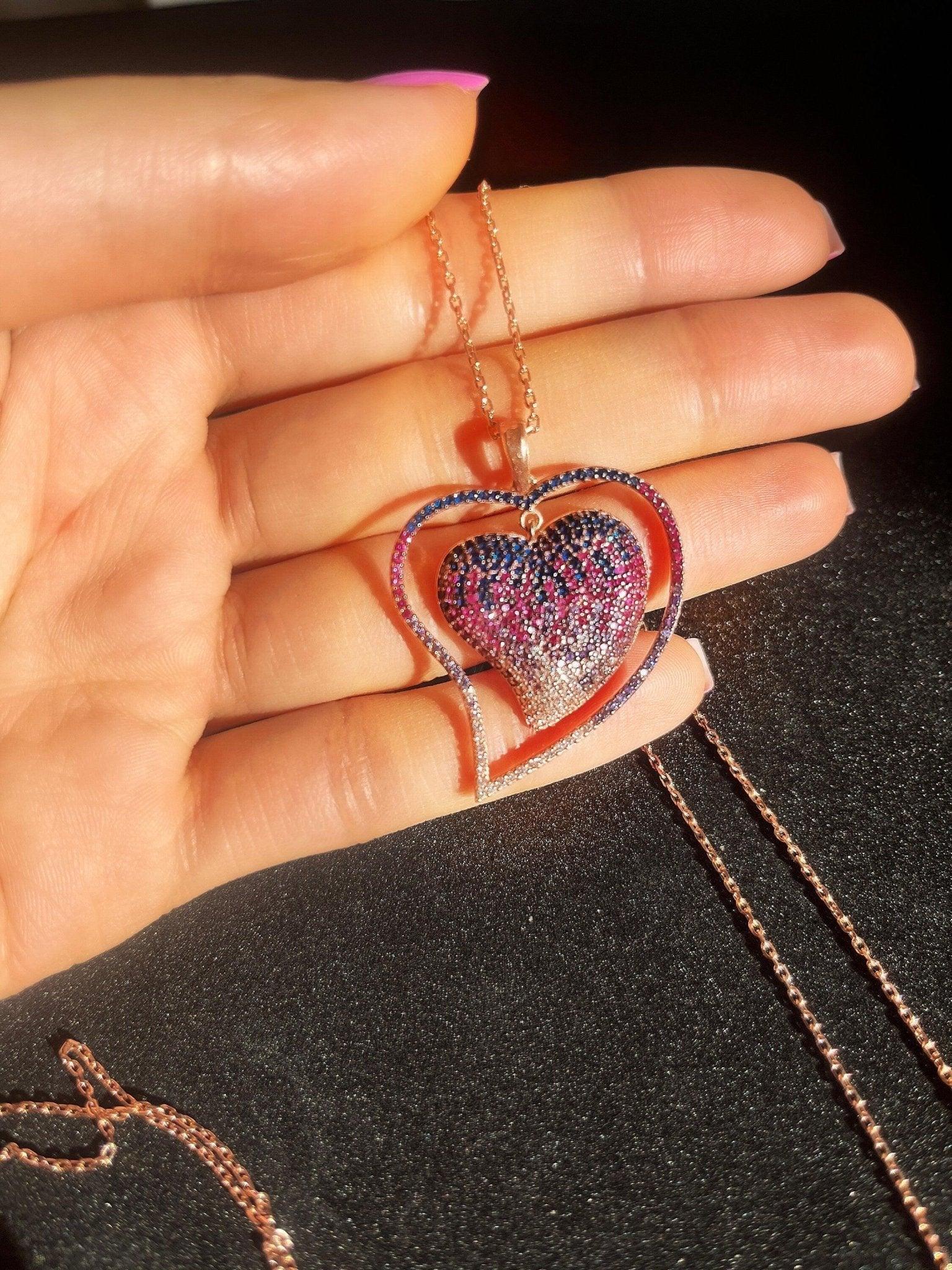 925 Sterling Silver Ombre Heart Necklace | Pink Purple Ombre Silver Necklace |Colorfull Necklace |Purple Heart Necklace - Tracesilver