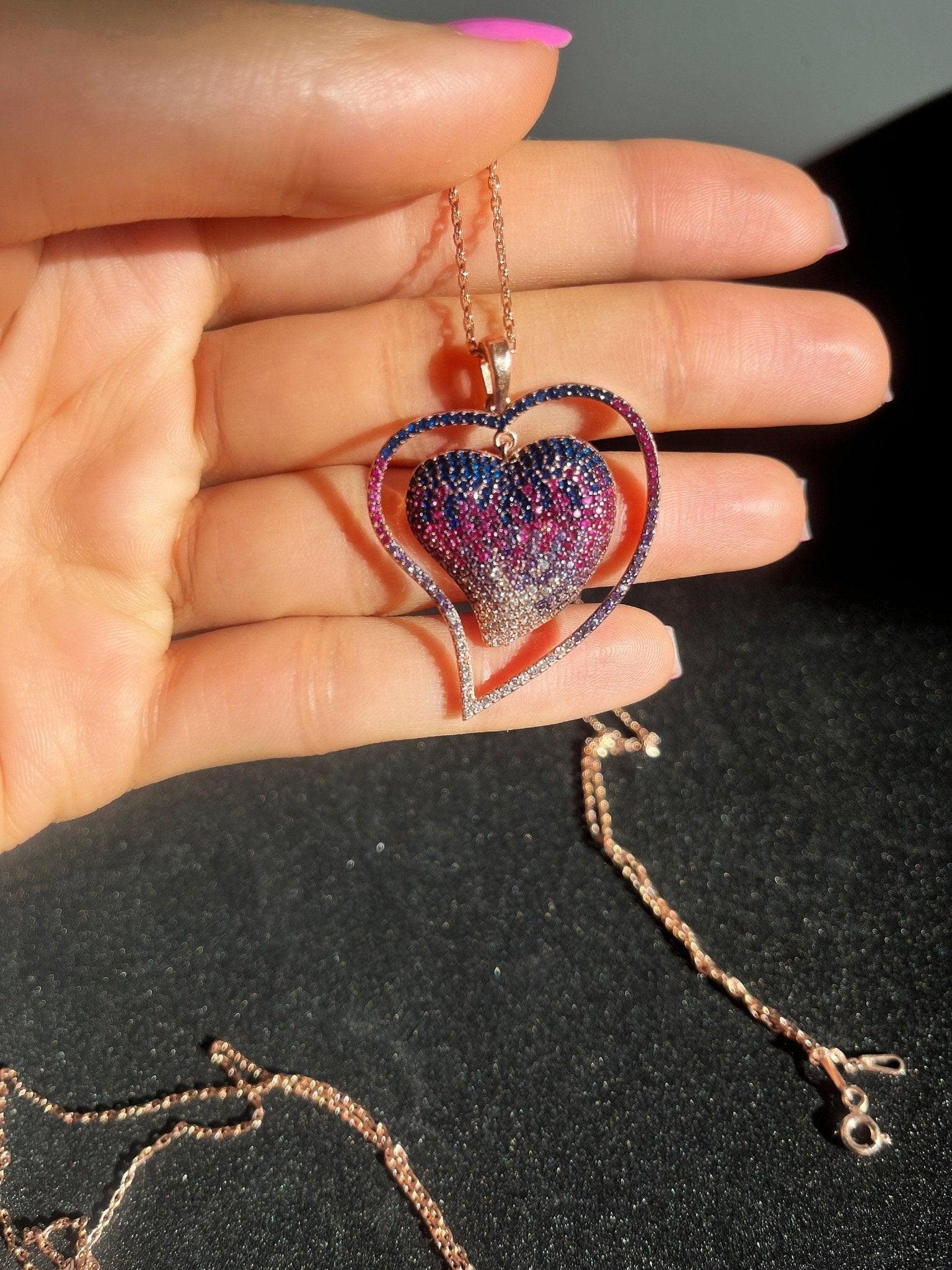 925 Sterling Silver Ombre Heart Necklace | Pink Purple Ombre Silver Necklace |Colorfull Necklace |Purple Heart Necklace - Tracesilver