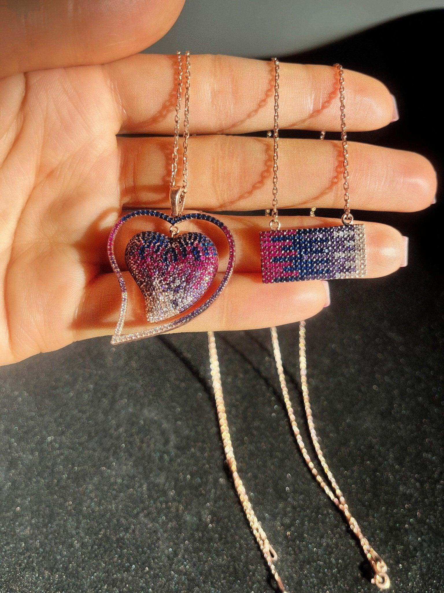 925 Sterling Silver Ombre Heart Necklace | Pink Purple Ombre Silver Necklace |Colorfull Necklace |Purple Heart Necklace - Tracesilver