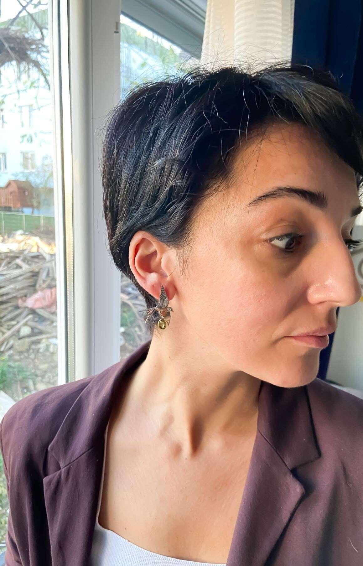 925 Sterling Silver Peridot Stone Sparrow Stud Earrings For Women - Tracesilver