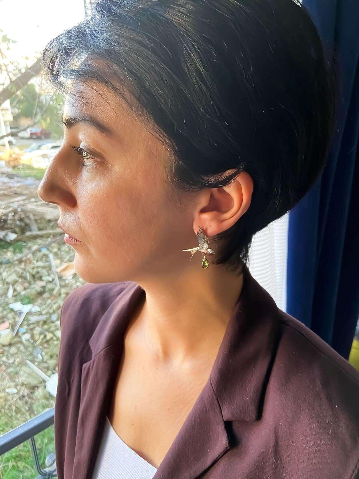 925 Sterling Silver Peridot Stone Sparrow Stud Earrings For Women - Tracesilver