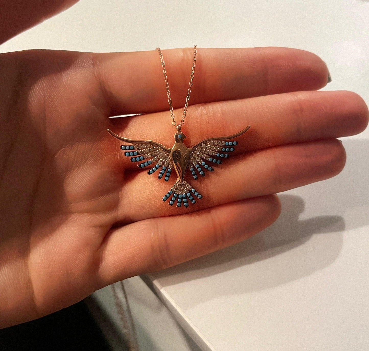 925 Sterling Silver Phoenix Necklace | Blue White Colorfull Phoenix | Blue Silver Phoenix Necklace | Phoenix Good News|Turqouıse Phoenix - Tracesilver