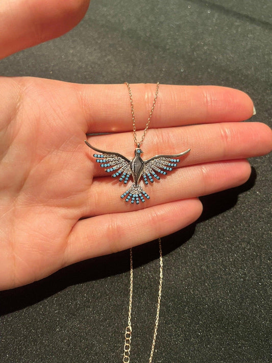 925 Sterling Silver Phoenix Necklace | Blue White Colorfull Phoenix | Blue Silver Phoenix Necklace | Phoenix Good News|Turqouıse Phoenix - Tracesilver