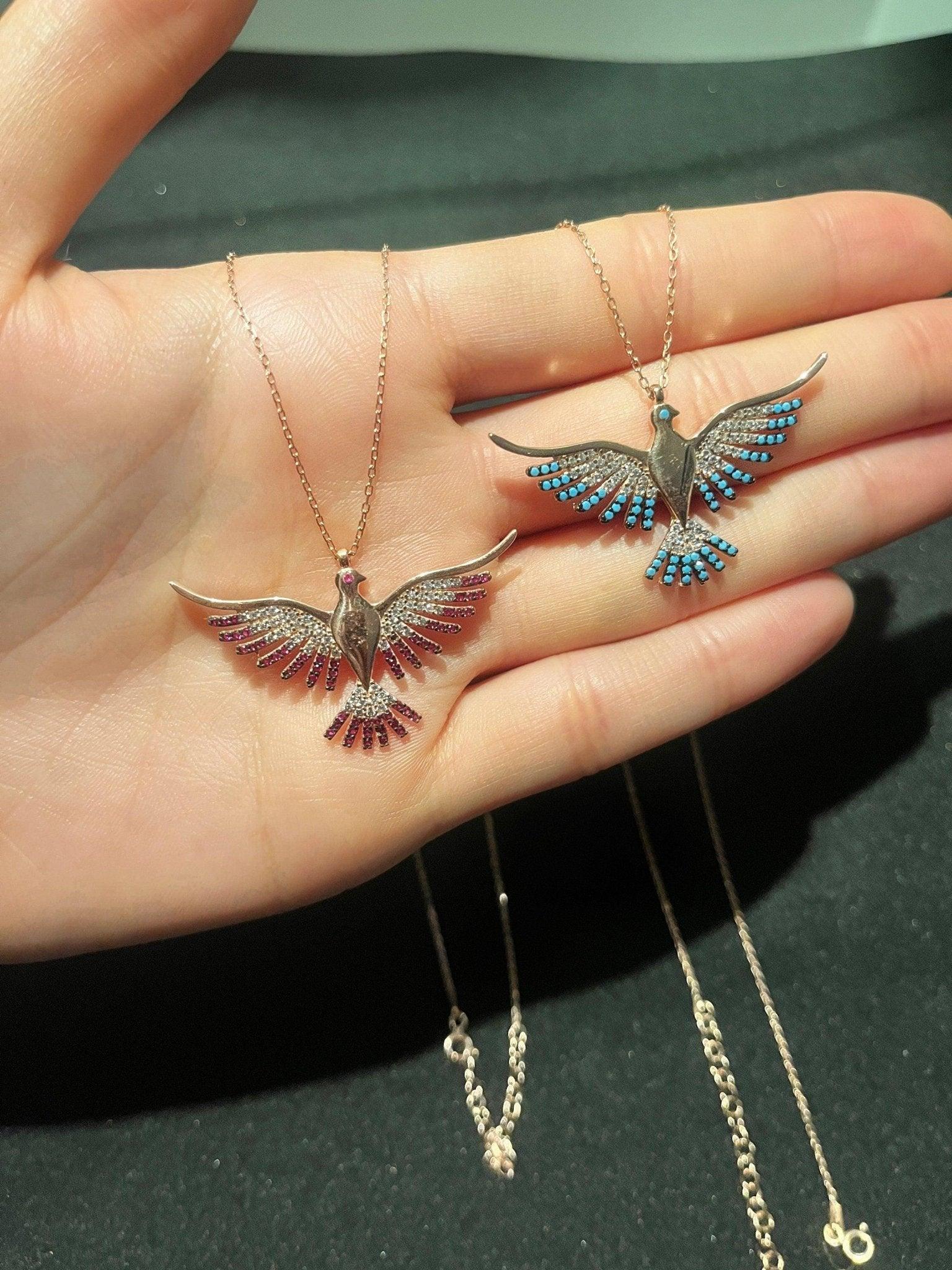 925 Sterling Silver Phoenix Necklace | Blue White Colorfull Phoenix | Blue Silver Phoenix Necklace | Phoenix Good News|Turqouıse Phoenix - Tracesilver