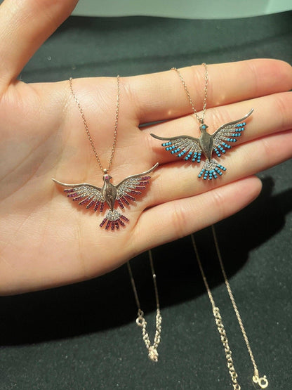 925 Sterling Silver Phoenix Necklace | Blue White Colorfull Phoenix | Blue Silver Phoenix Necklace | Phoenix Good News|Turqouıse Phoenix - Tracesilver