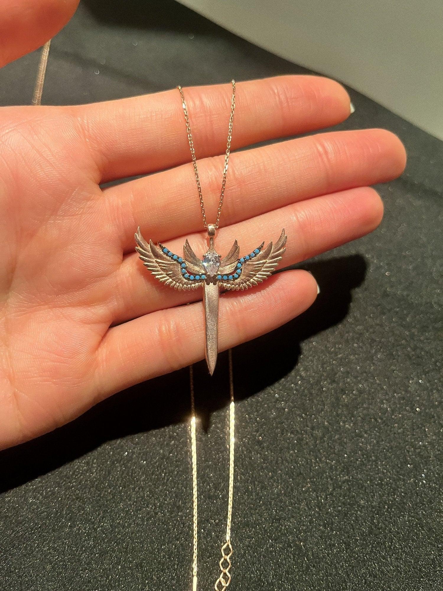 925 Sterling Silver Sword of Michael Rose Gold With Turquoise Stone Necklace | Michael's Sword Rose Gold Necklace | 925 Silver Turquoise - Tracesilver