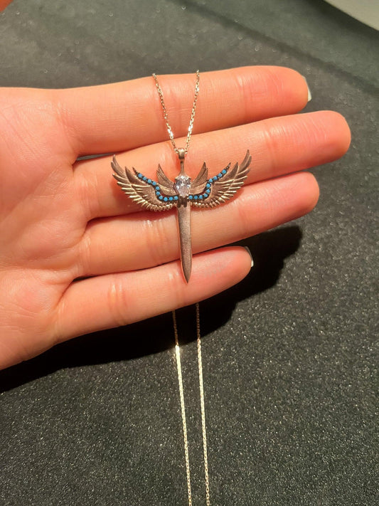 925 Sterling Silver Sword of Michael Rose Gold With Turquoise Stone Necklace | Michael's Sword Rose Gold Necklace | 925 Silver Turquoise - Tracesilver