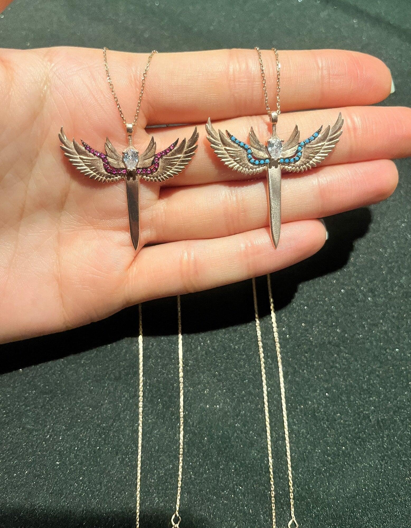 925 Sterling Silver Sword of Michael Rose Gold With Turquoise Stone Necklace | Michael's Sword Rose Gold Necklace | 925 Silver Turquoise - Tracesilver