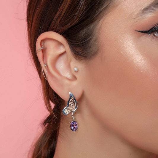 Amethyst Butterfly Custom Desing Stud Earrings, Handmade Butterfly Earrings,Silver Bird Earrings For Women - Tracesilver