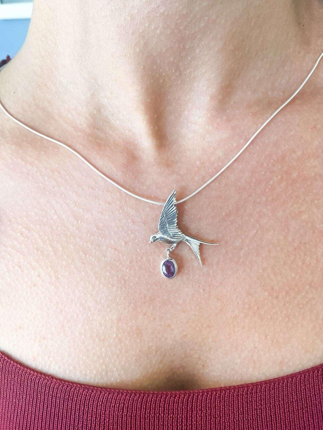 Amethyst Sparrow Silver Necklace 925 Sterling Silver Bird Stud Pendant For Women - Tracesilver