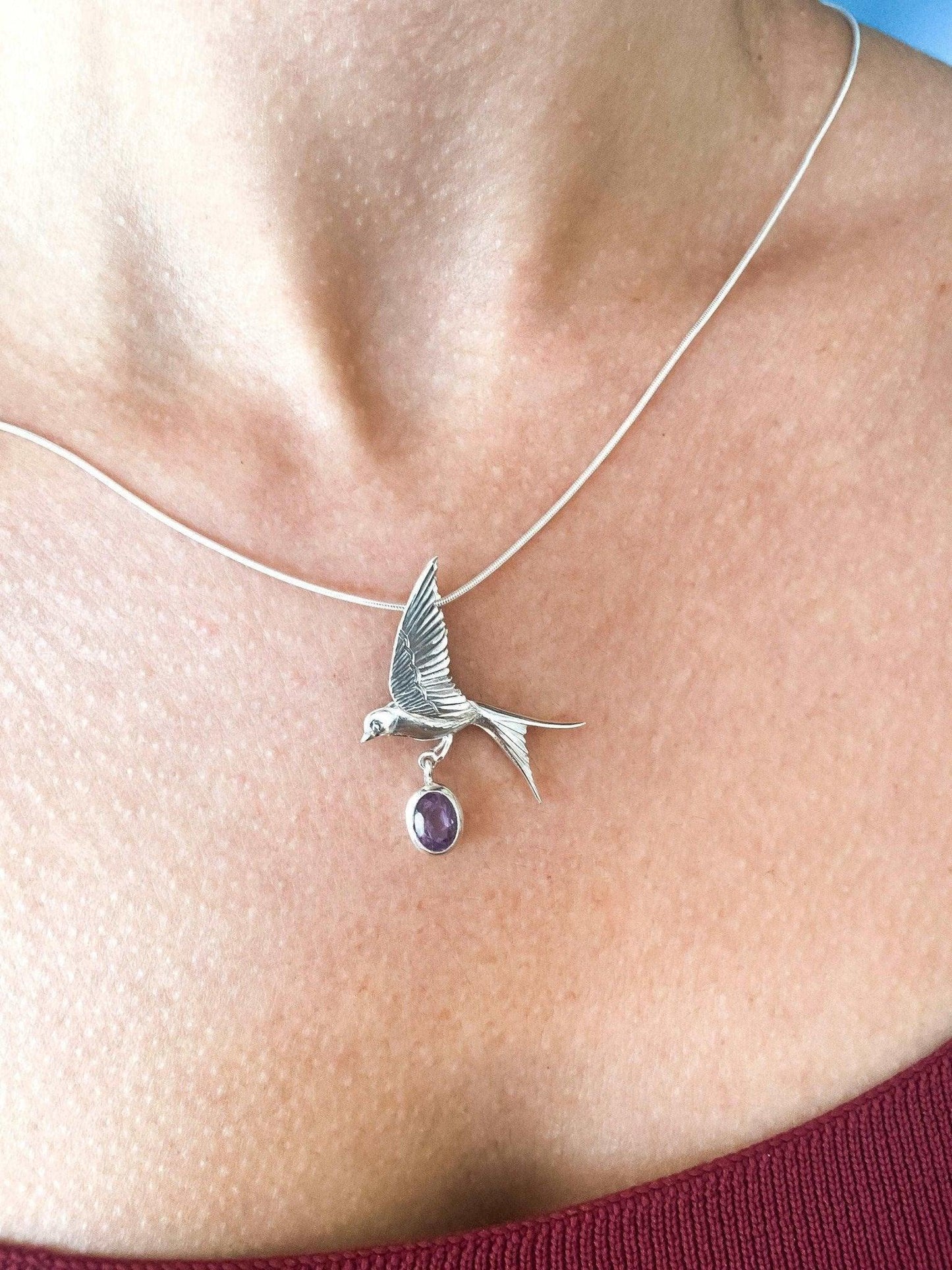 Amethyst Sparrow Silver Necklace 925 Sterling Silver Bird Stud Pendant For Women - Tracesilver