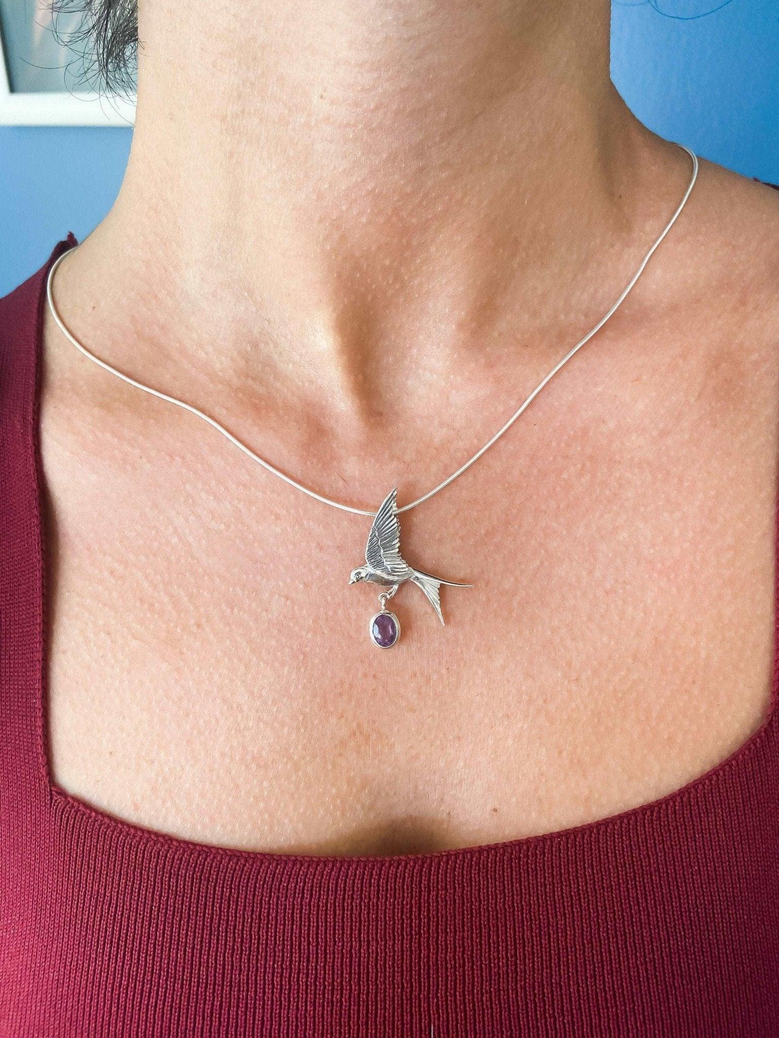 Amethyst Sparrow Silver Necklace 925 Sterling Silver Bird Stud Pendant For Women - Tracesilver
