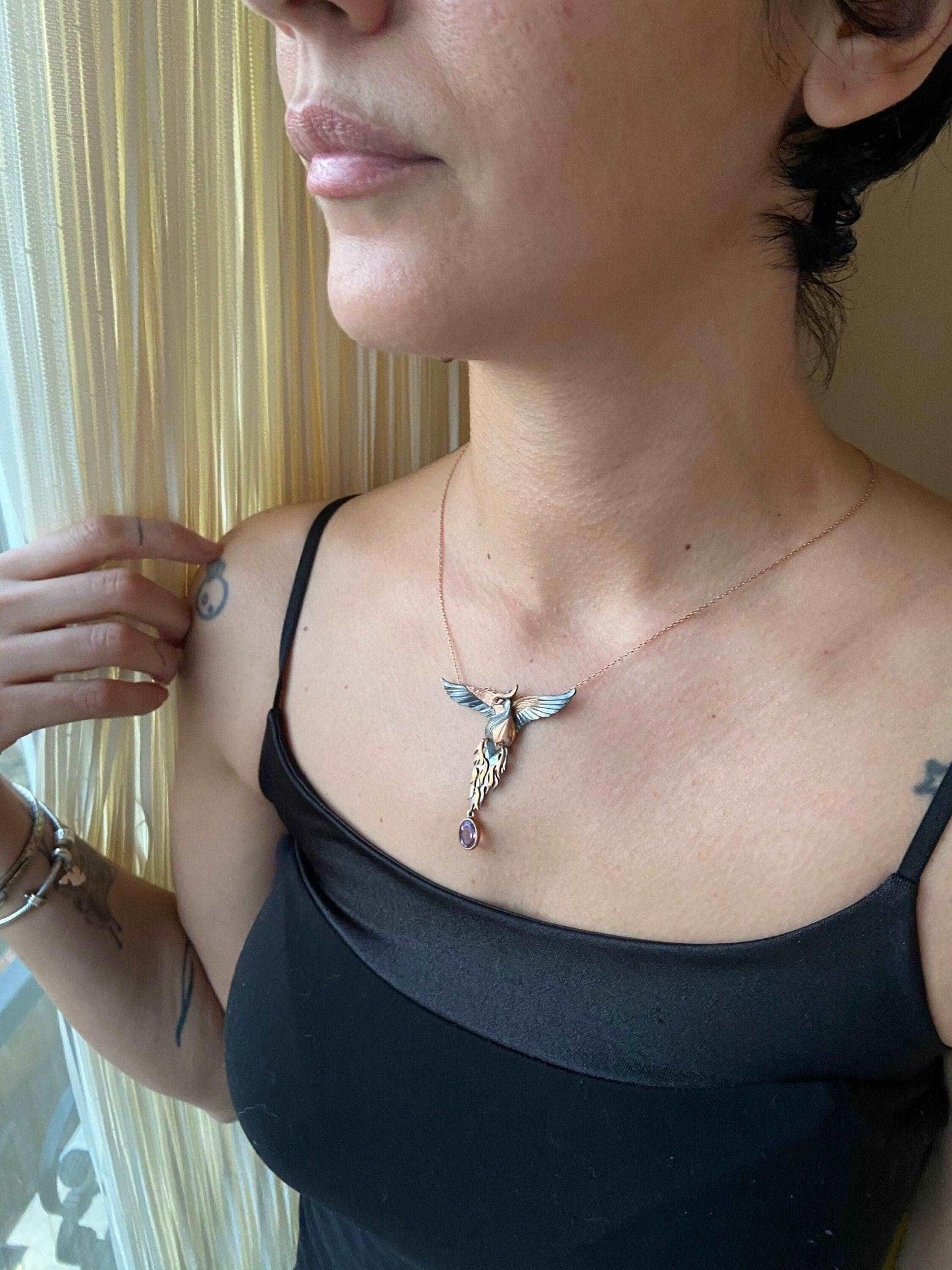 Amethyst Stone Fire Bird Pendant, Custom Desing Phoenix 925 Sterling Silver Necklace, Handmade Phoenix, Bird Jewerly Necklace,Animal Pendant - Tracesilver