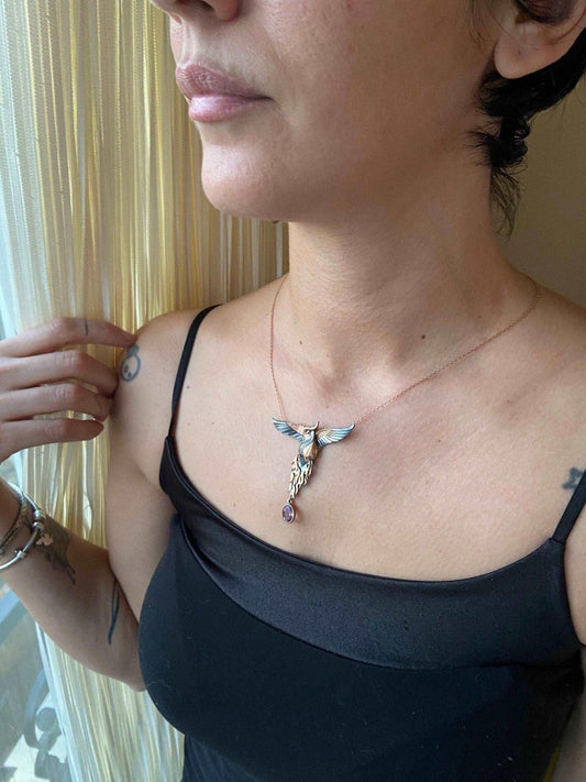 Amethyst Stone Fire Bird Pendant, Custom Desing Phoenix 925 Sterling Silver Necklace, Handmade Phoenix, Bird Jewerly Necklace,Animal Pendant - Tracesilver