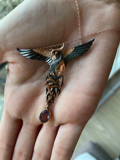 Amethyst Stone Fire Bird Pendant, Custom Desing Phoenix 925 Sterling Silver Necklace, Handmade Phoenix, Bird Jewerly Necklace,Animal Pendant - Tracesilver