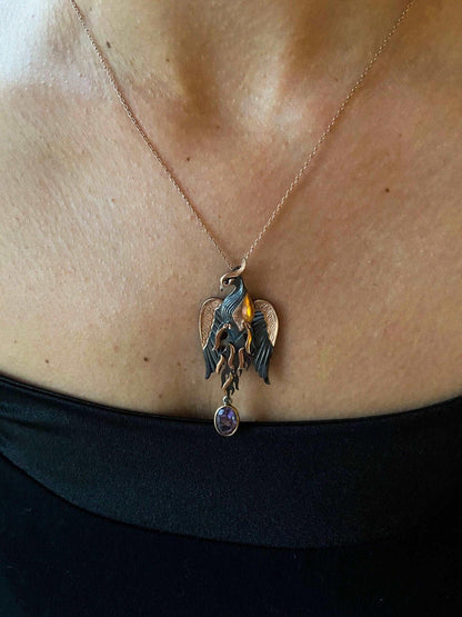 Amethyst Stone Fire Bird Pendant, Custom Desing Phoenix 925 Sterling Silver Necklace, Handmade Phoenix, Bird Jewerly Necklace,Animal Pendant - Tracesilver
