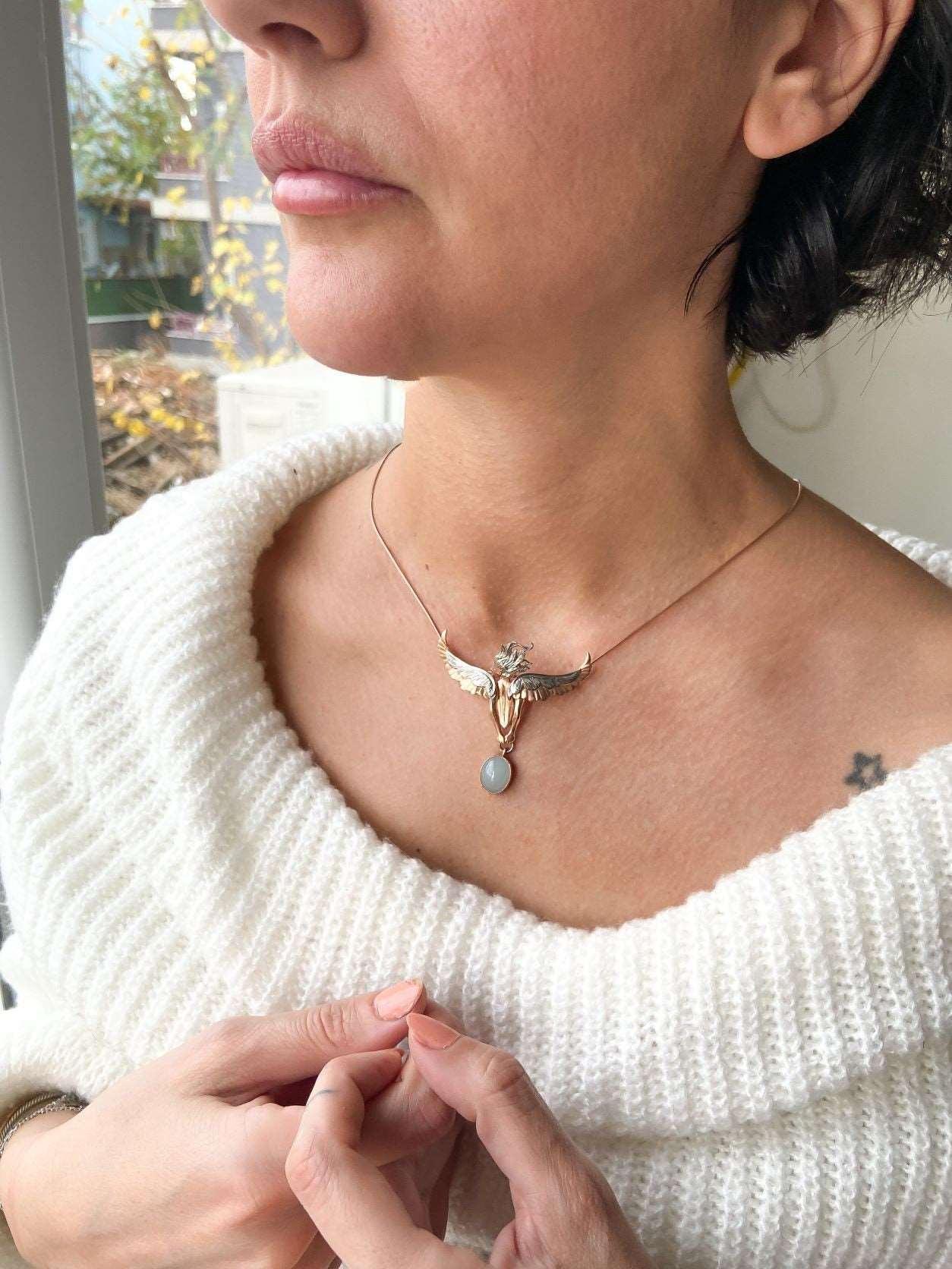 Angel Moonstone Necklace, 925 Sterling Silver Angel Design Handmade Jewellery with Genuine Moonstone Pendant, Special Gift for Mom - Tracesilver