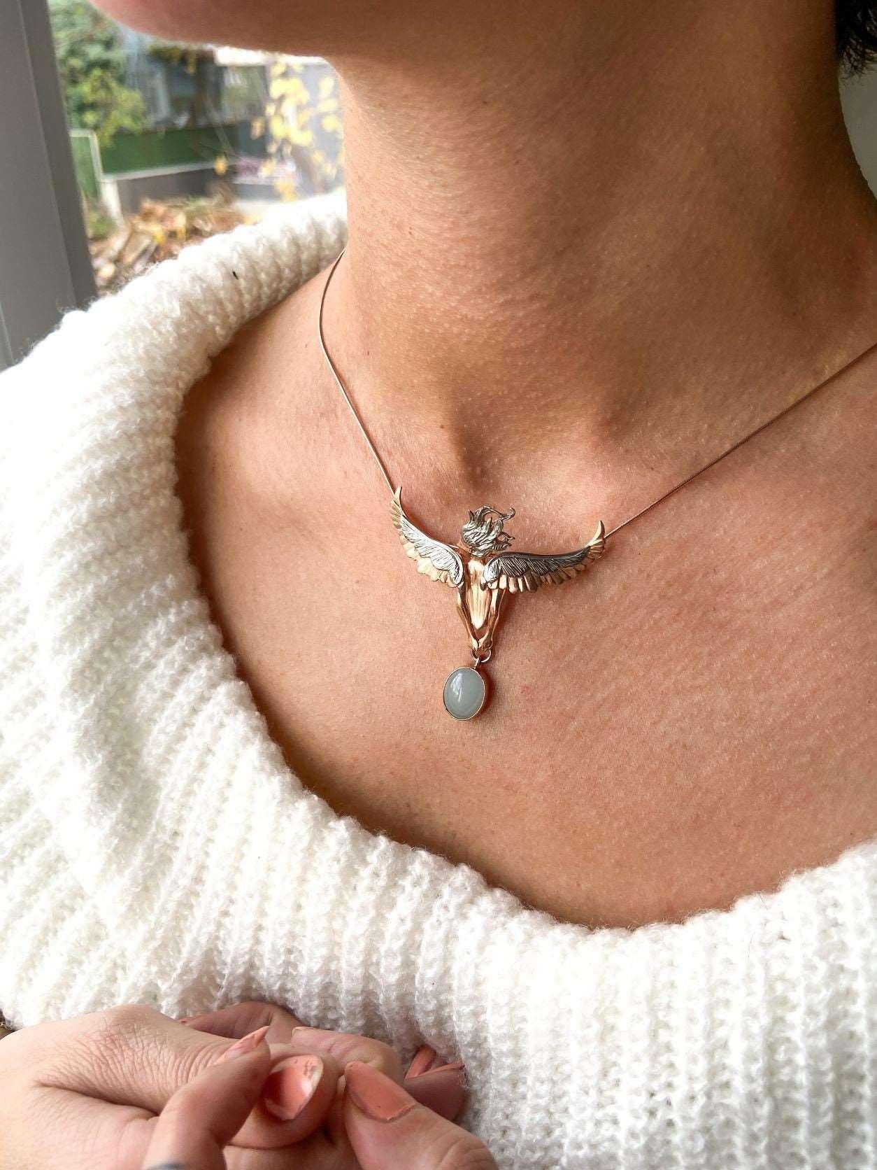 Angel Moonstone Necklace, 925 Sterling Silver Angel Design Handmade Jewellery with Genuine Moonstone Pendant, Special Gift for Mom - Tracesilver