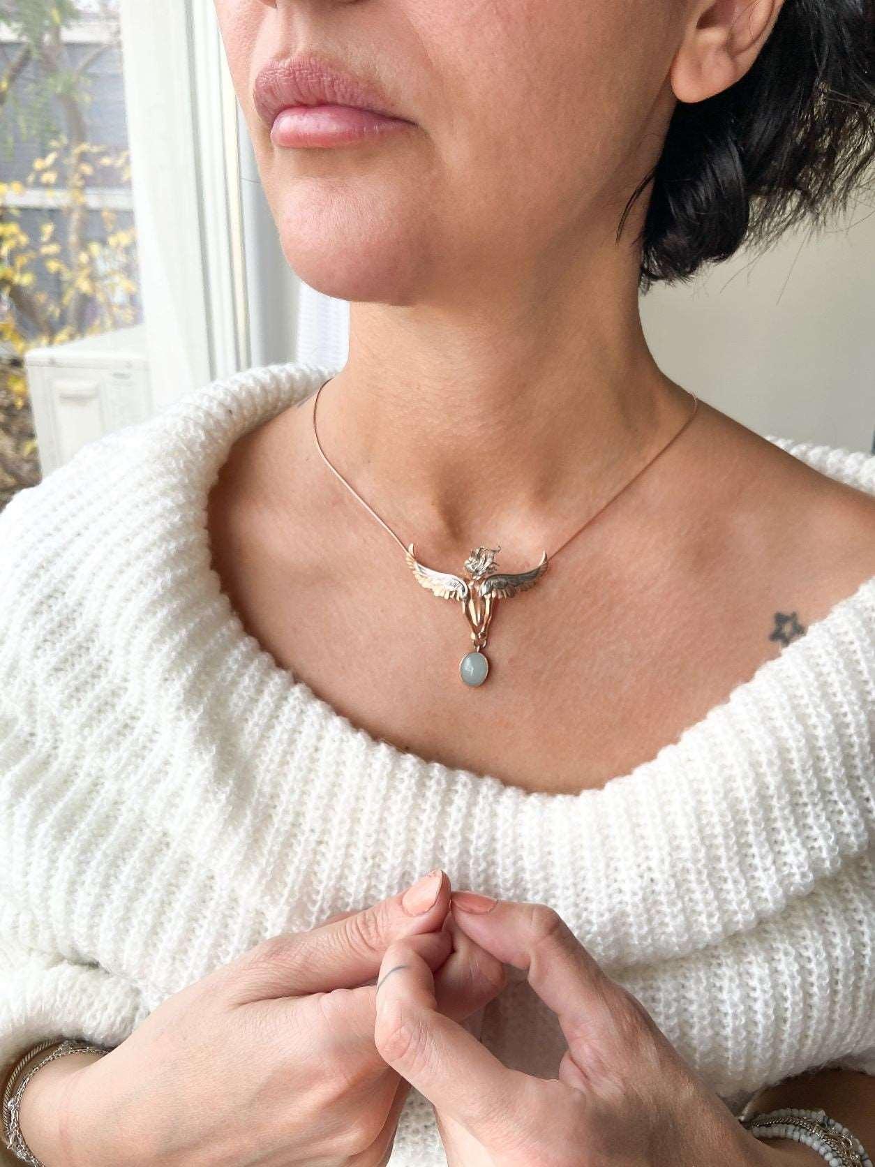 Angel Moonstone Necklace, 925 Sterling Silver Angel Design Handmade Jewellery with Genuine Moonstone Pendant, Special Gift for Mom - Tracesilver