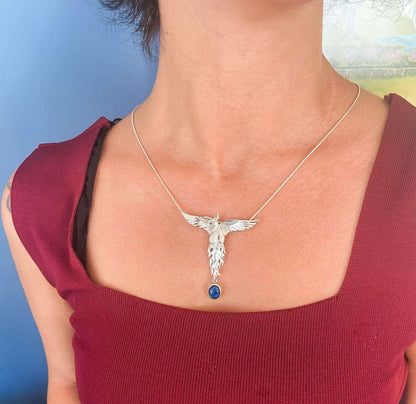 Blue Abalone Shell Stone Phoenix Strength Necklace 925 Sterling Silver Sapphire Eye Firebird Pendant, Custom Desing Silver Pendant - Tracesilver