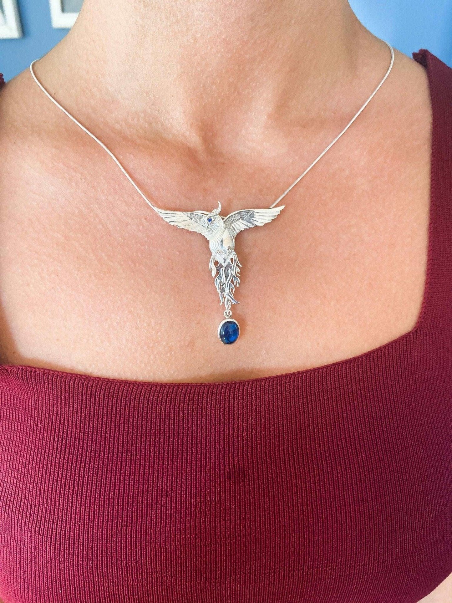 Blue Abalone Shell Stone Phoenix Strength Necklace 925 Sterling Silver Sapphire Eye Firebird Pendant, Custom Desing Silver Pendant - Tracesilver