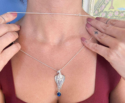 Blue Abalone Shell Stone Phoenix Strength Necklace 925 Sterling Silver Sapphire Eye Firebird Pendant, Custom Desing Silver Pendant - Tracesilver