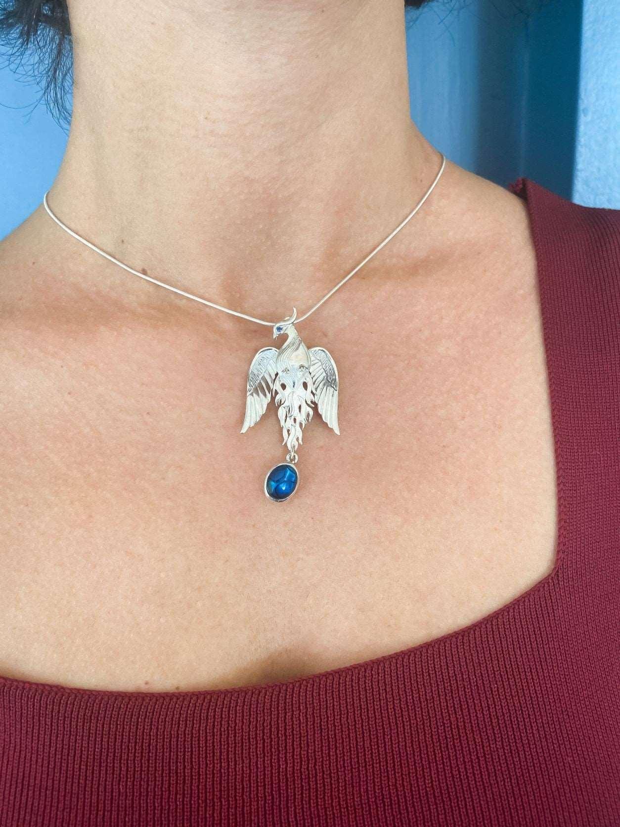 Blue Abalone Shell Stone Phoenix Strength Necklace 925 Sterling Silver Sapphire Eye Firebird Pendant, Custom Desing Silver Pendant - Tracesilver