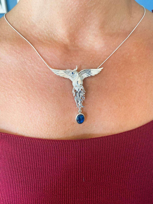 Blue Abalone Shell Stone Phoenix Strength Necklace 925 Sterling Silver Sapphire Eye Firebird Pendant, Custom Desing Silver Pendant - Tracesilver