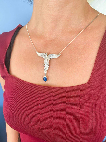 Blue Abalone Shell Stone Phoenix Strength Necklace 925 Sterling Silver Sapphire Eye Firebird Pendant, Custom Desing Silver Pendant - Tracesilver