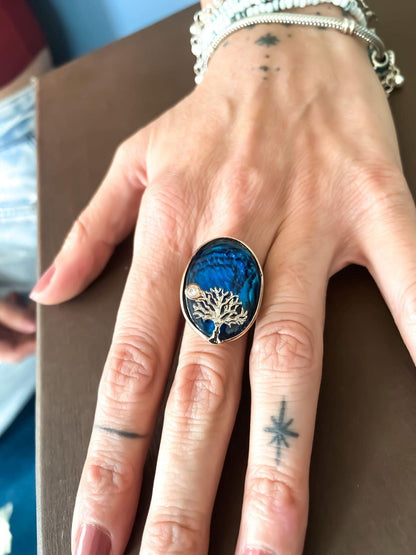 Blue Abalone Stone Tree Of Life Silver Ring, 925 Sterling Silver Life Tree Designer Jewelry Ring, Custom Design Handmade Tree Of Life - Tracesilver