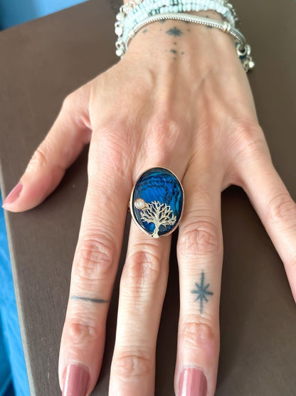 Blue Abalone Stone Tree Of Life Silver Ring, 925 Sterling Silver Life Tree Designer Jewelry Ring, Custom Design Handmade Tree Of Life - Tracesilver