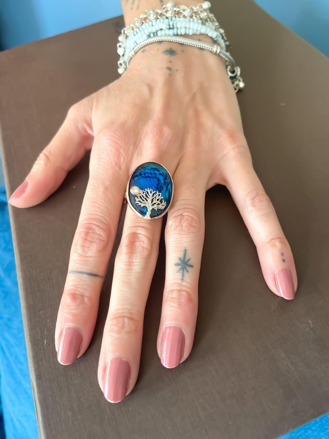 Blue Abalone Stone Tree Of Life Silver Ring, 925 Sterling Silver Life Tree Designer Jewelry Ring, Custom Design Handmade Tree Of Life - Tracesilver