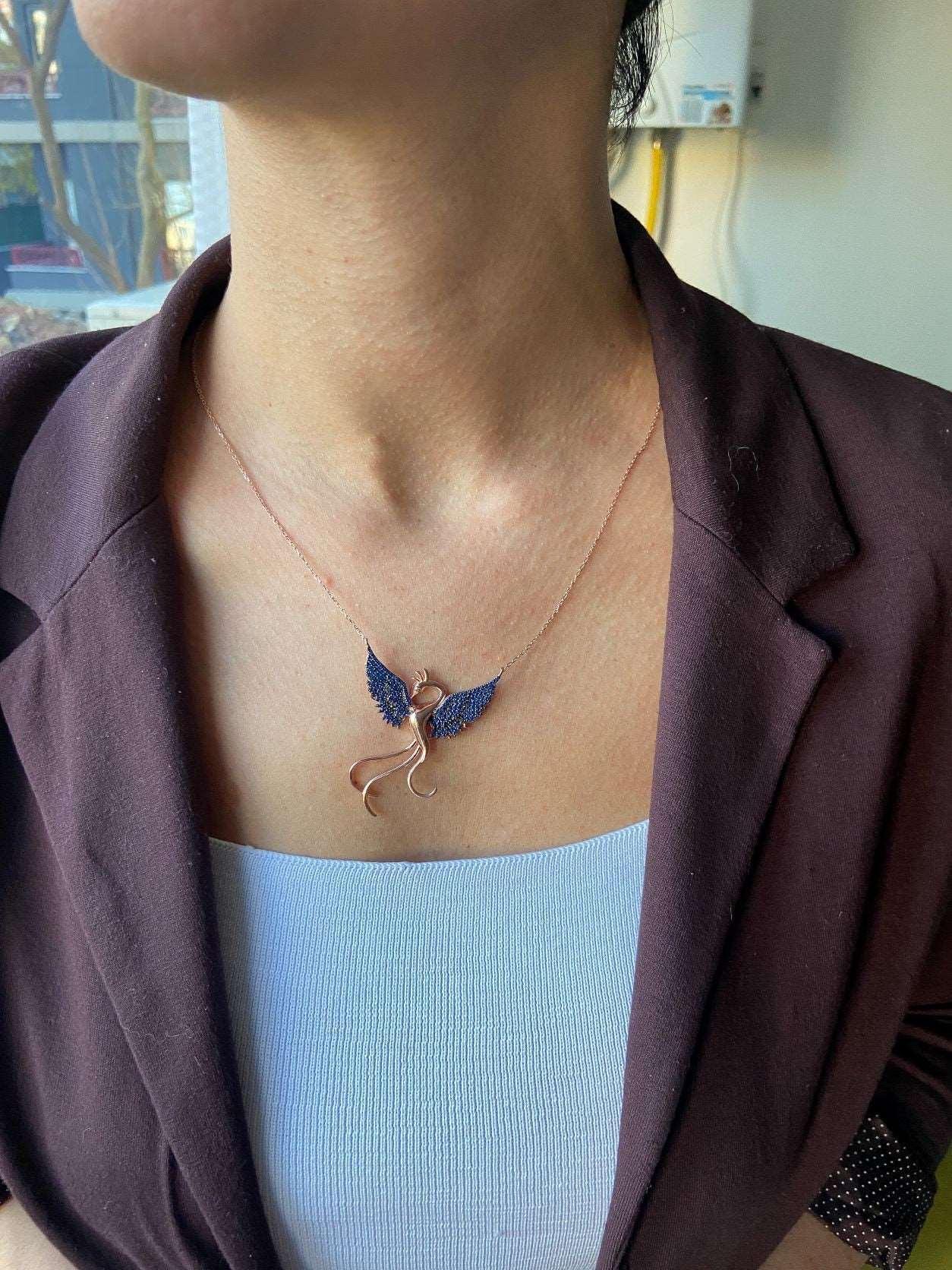 Blue Phoenix Handmade Necklace, Bird Jewelry Rose Gold Firebird Pendant, Blue Stone Zircon Phoenix Necklace - Tracesilver