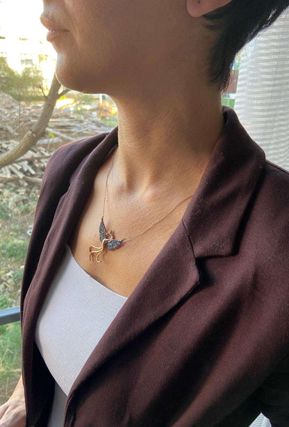 Blue Phoenix Handmade Necklace, Bird Jewelry Rose Gold Firebird Pendant, Blue Stone Zircon Phoenix Necklace - Tracesilver
