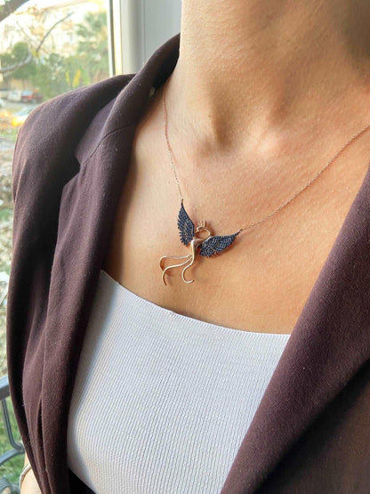 Blue Phoenix Handmade Necklace, Bird Jewelry Rose Gold Firebird Pendant, Blue Stone Zircon Phoenix Necklace - Tracesilver