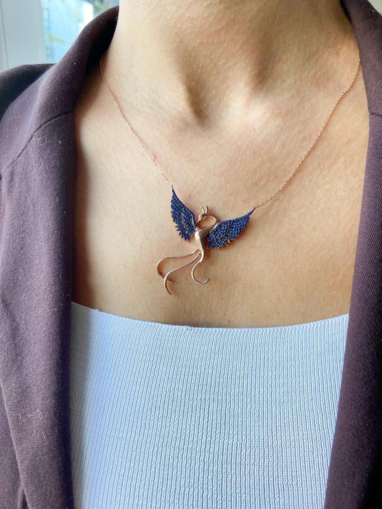 Blue Phoenix Handmade Necklace, Bird Jewelry Rose Gold Firebird Pendant, Blue Stone Zircon Phoenix Necklace - Tracesilver