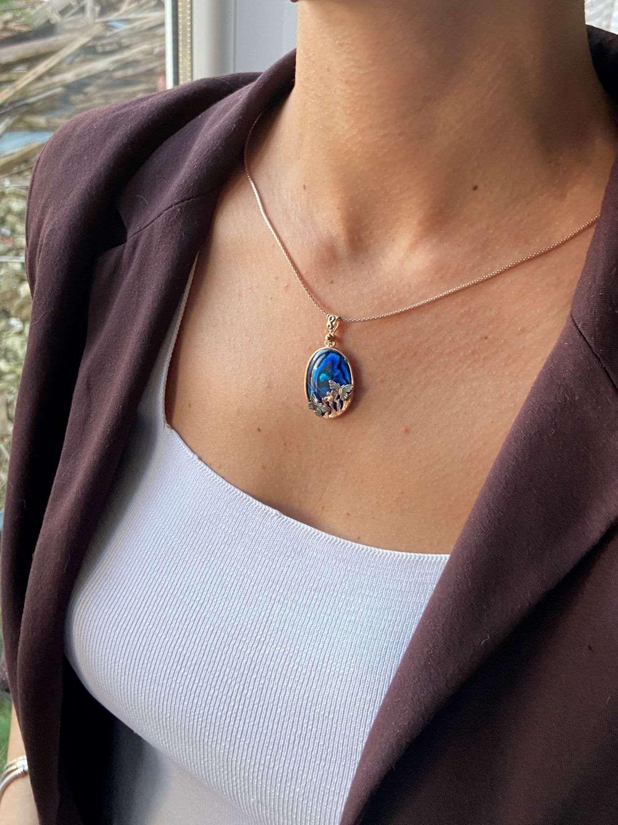 Butterfly Necklace Blue Abalone Gemstone 925 Sterling Silver Pendant, Animal Theme Butterfly Necklace - Tracesilver