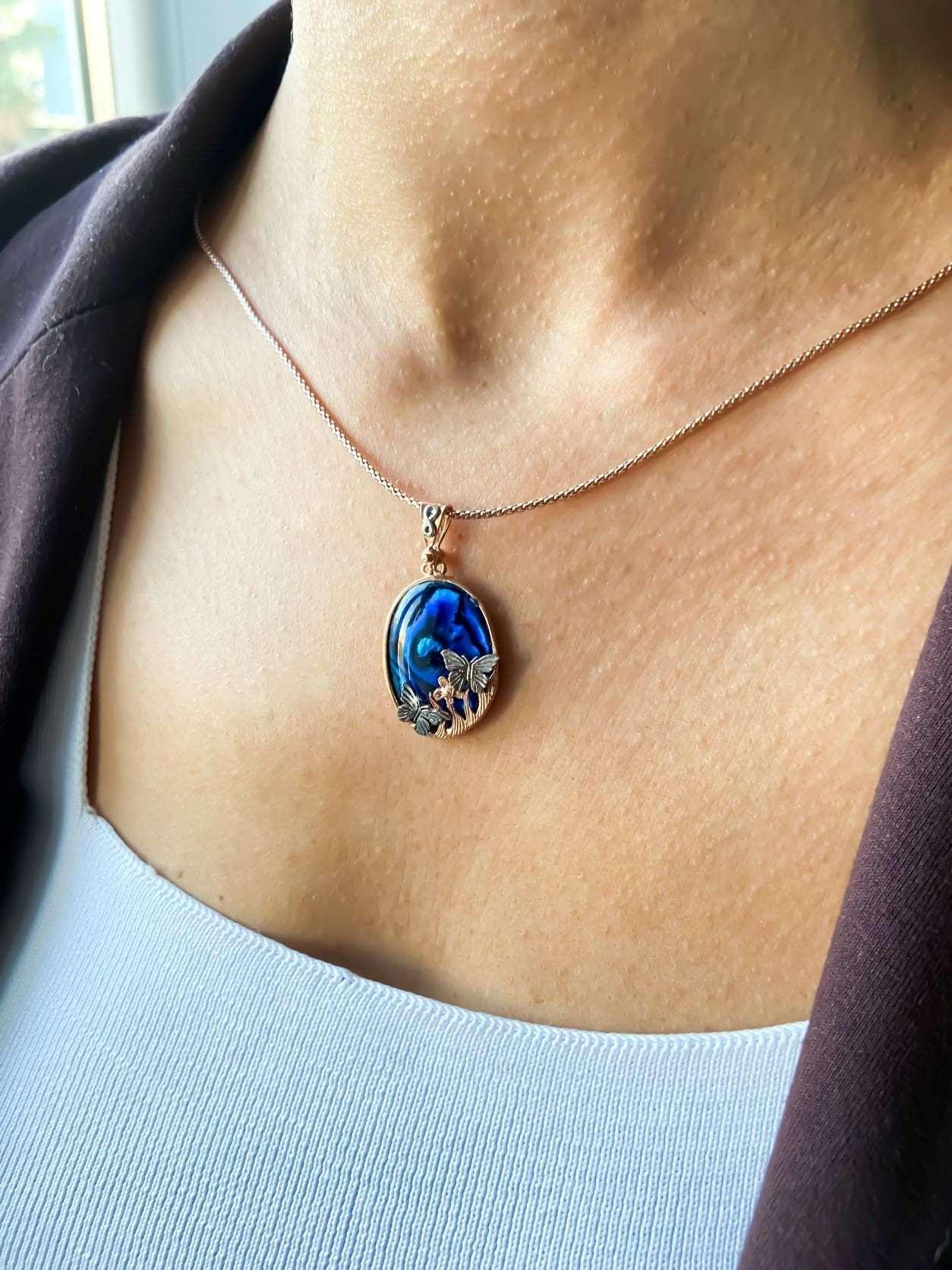 Butterfly Necklace Blue Abalone Gemstone 925 Sterling Silver Pendant, Animal Theme Butterfly Necklace - Tracesilver