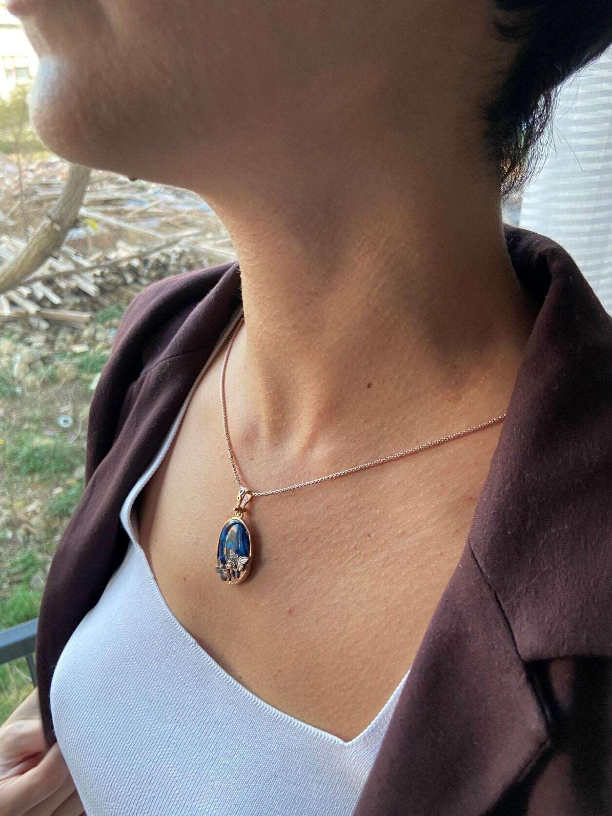 Butterfly Necklace Blue Abalone Gemstone 925 Sterling Silver Pendant, Animal Theme Butterfly Necklace - Tracesilver