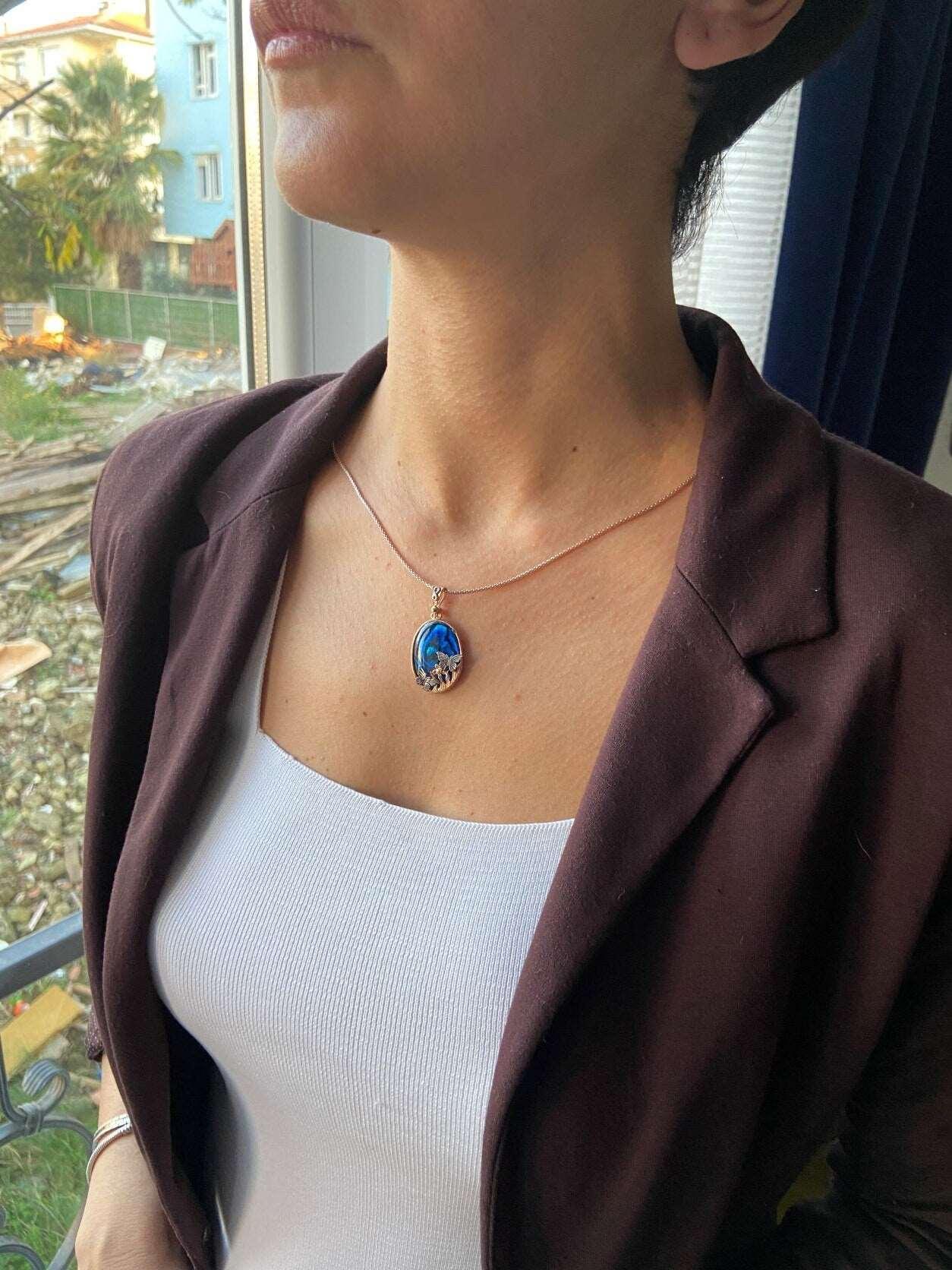 Butterfly Necklace Blue Abalone Gemstone 925 Sterling Silver Pendant, Animal Theme Butterfly Necklace - Tracesilver