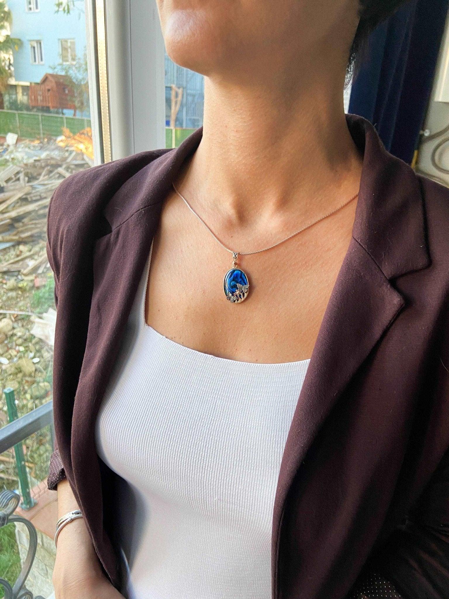Butterfly Necklace Blue Abalone Gemstone 925 Sterling Silver Pendant, Animal Theme Butterfly Necklace - Tracesilver