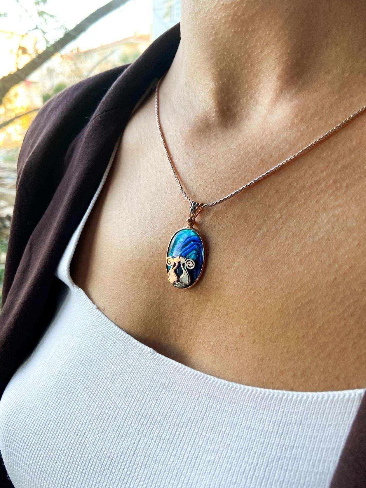 Cat Necklace 925 Sterling Silver Blue Abalone Gemstone Pendant, Animal Theme Cat Necklace - Tracesilver