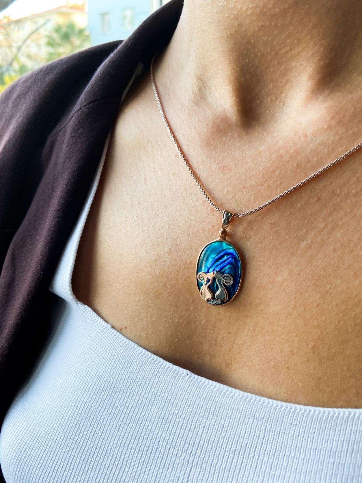 Cat Necklace 925 Sterling Silver Blue Abalone Gemstone Pendant, Animal Theme Cat Necklace - Tracesilver