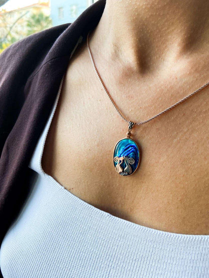 Cat Necklace 925 Sterling Silver Blue Abalone Gemstone Pendant, Animal Theme Cat Necklace - Tracesilver