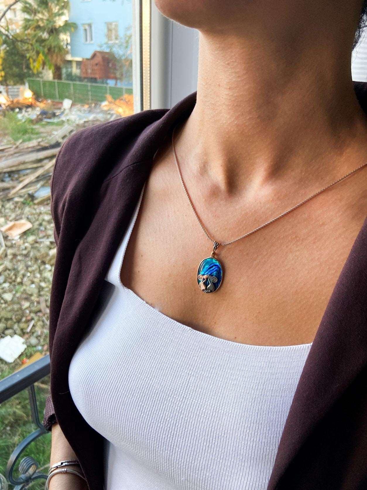 Cat Necklace 925 Sterling Silver Blue Abalone Gemstone Pendant, Animal Theme Cat Necklace - Tracesilver