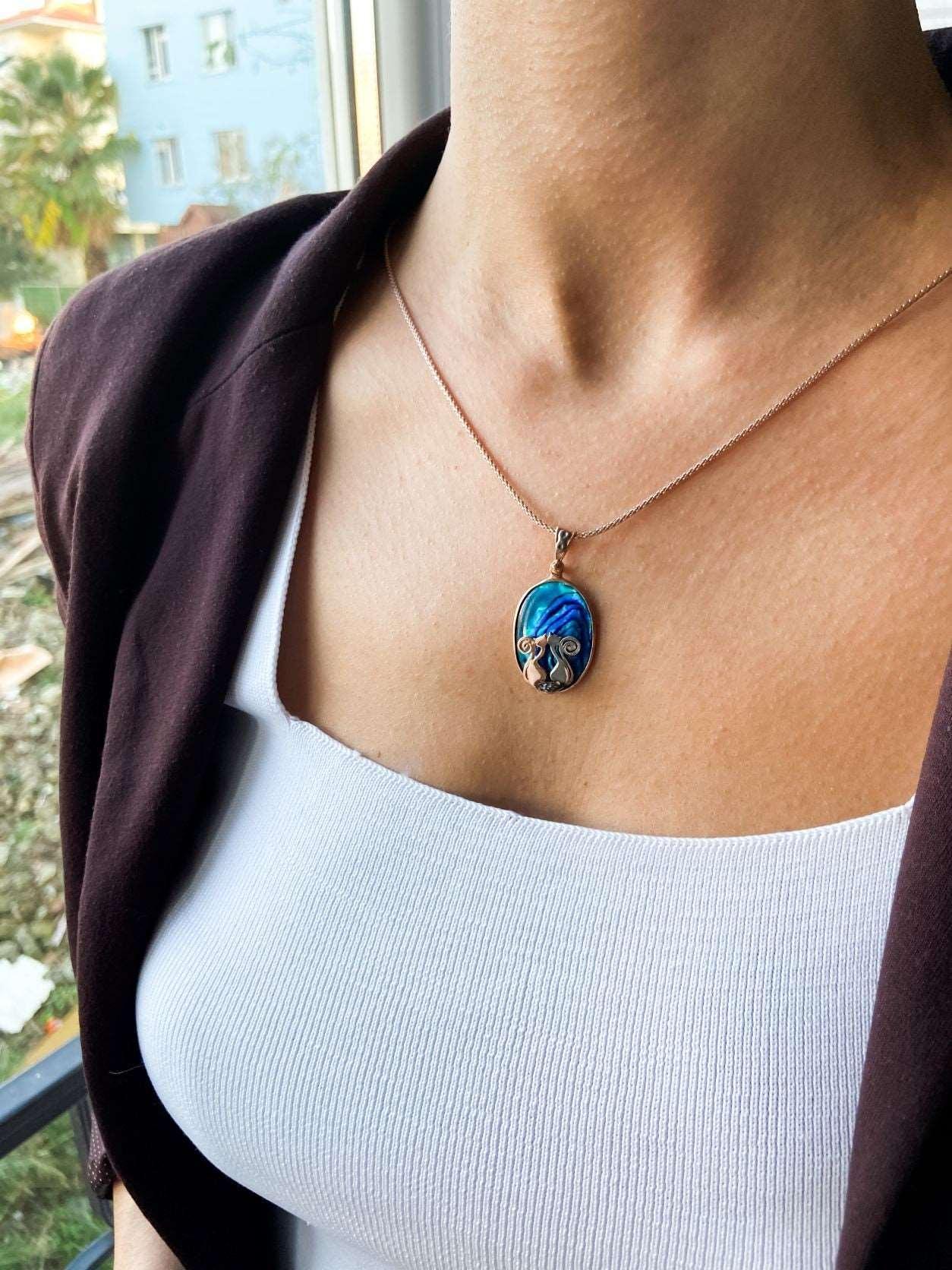 Cat Necklace 925 Sterling Silver Blue Abalone Gemstone Pendant, Animal Theme Cat Necklace - Tracesilver