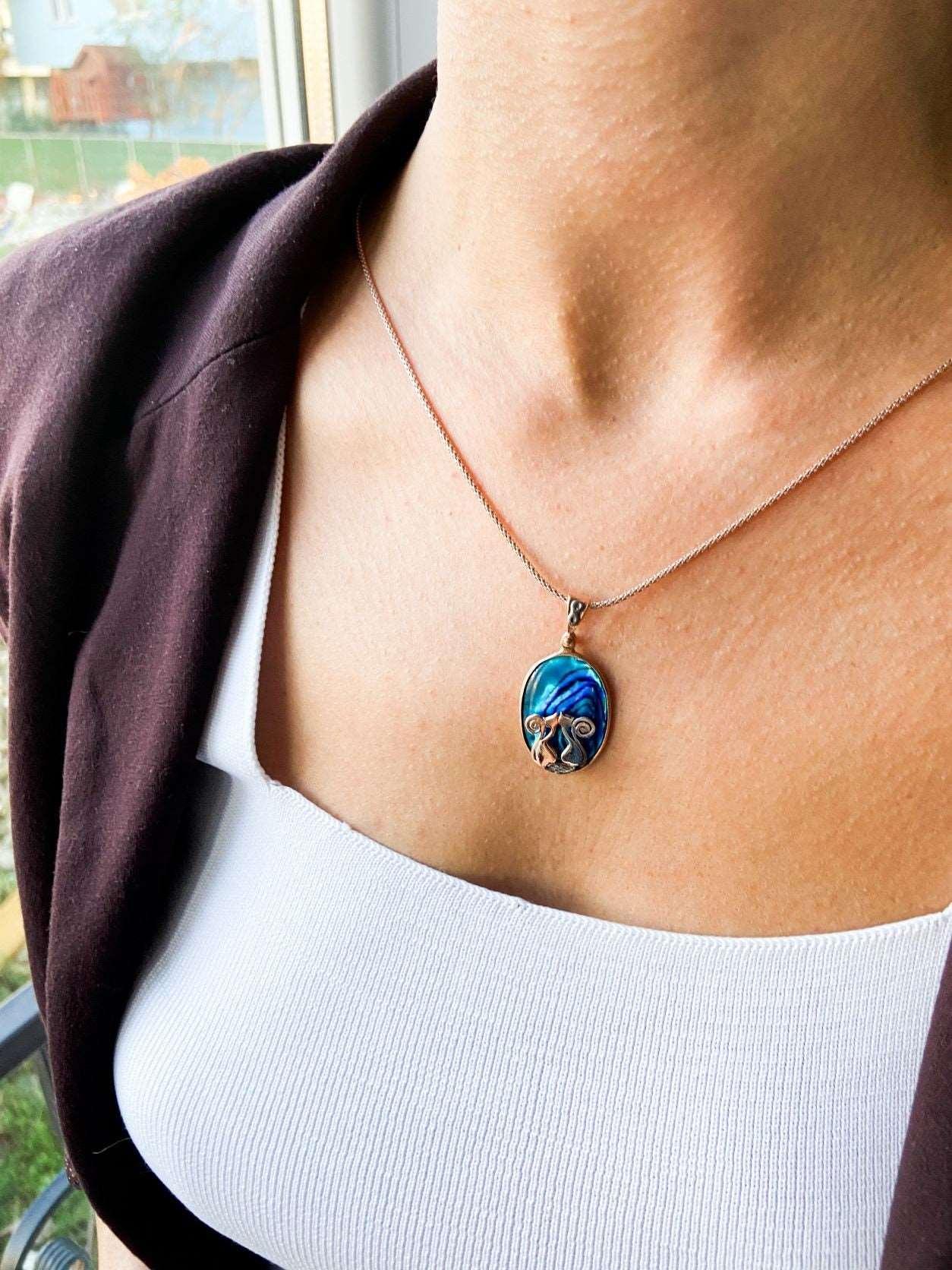 Cat Necklace 925 Sterling Silver Blue Abalone Gemstone Pendant, Animal Theme Cat Necklace - Tracesilver