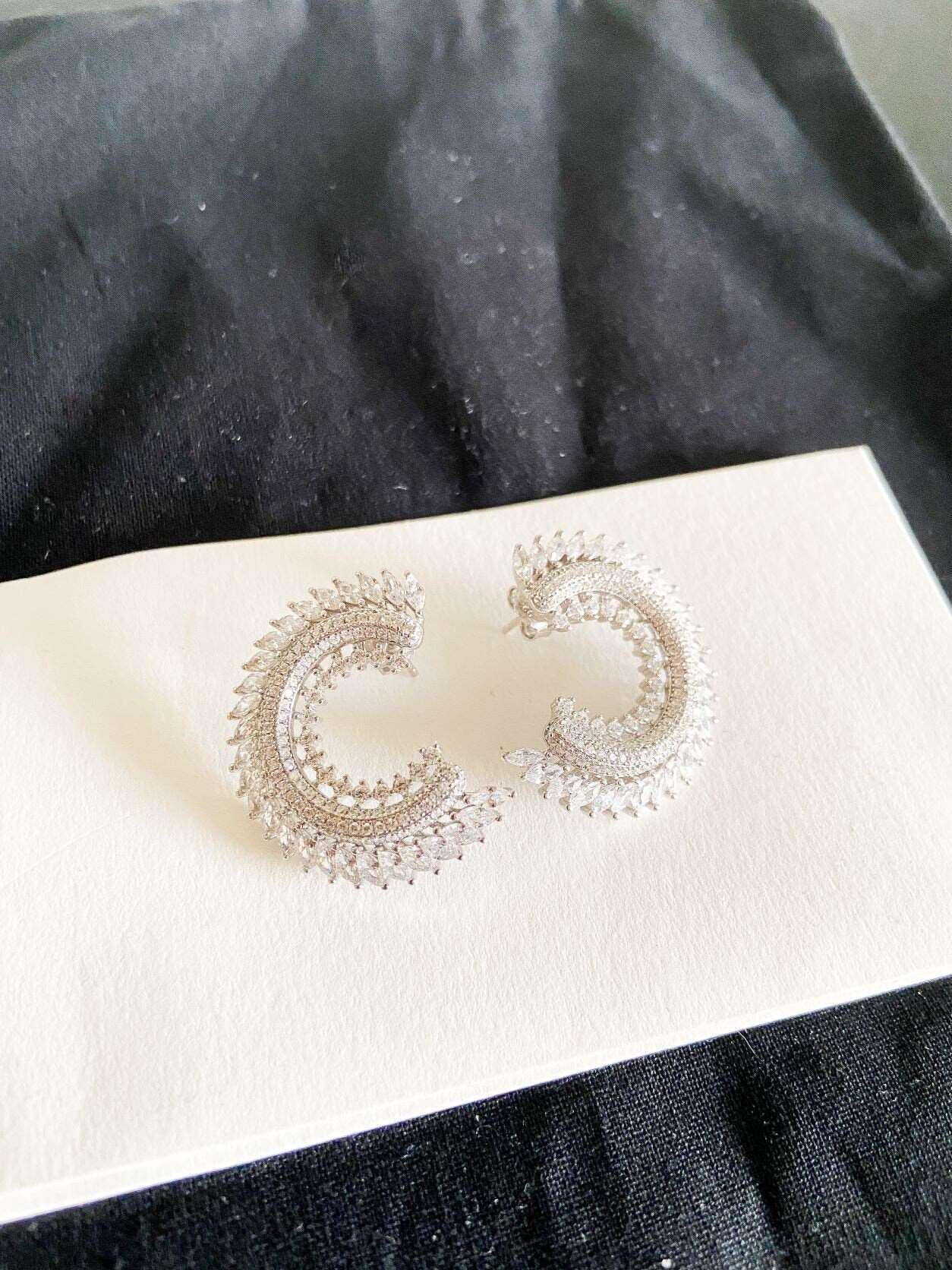 CC Silver Stud Earrings, 925 Sterling Silver CC Baguette Earrings, Handmade CC Jewelry Stud Earrings, Zircon Stone Baguette Cut Earrings - Tracesilver
