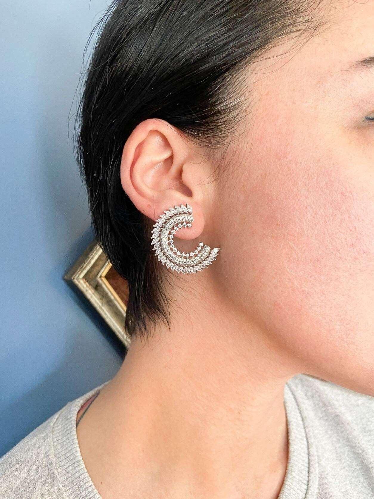 CC Silver Stud Earrings, 925 Sterling Silver CC Baguette Earrings, Handmade CC Jewelry Stud Earrings, Zircon Stone Baguette Cut Earrings - Tracesilver