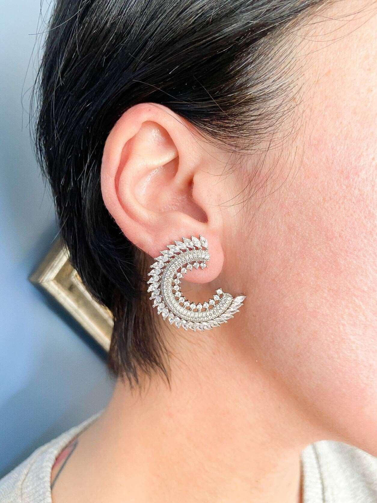 CC Silver Stud Earrings, 925 Sterling Silver CC Baguette Earrings, Handmade CC Jewelry Stud Earrings, Zircon Stone Baguette Cut Earrings - Tracesilver